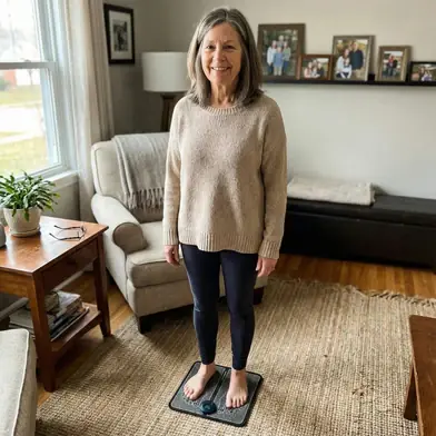 Woman using the EMS mat in her living room